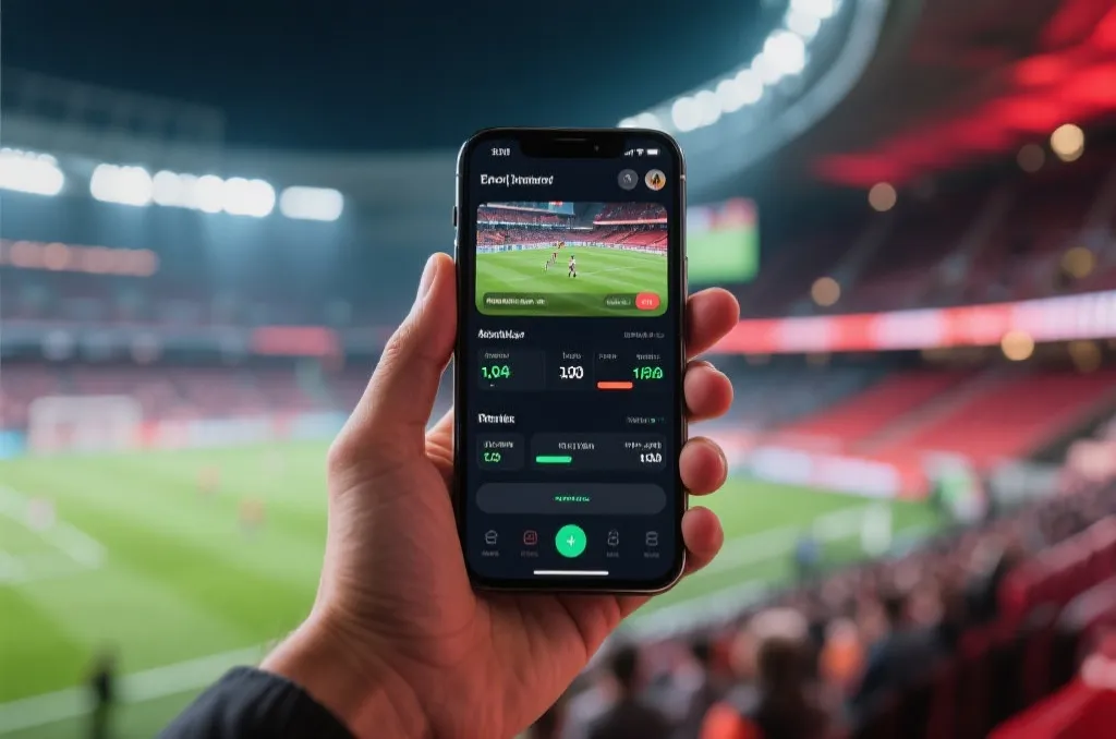 A hand holding a smartphone showing a modern sports live stream and real-time scores interface