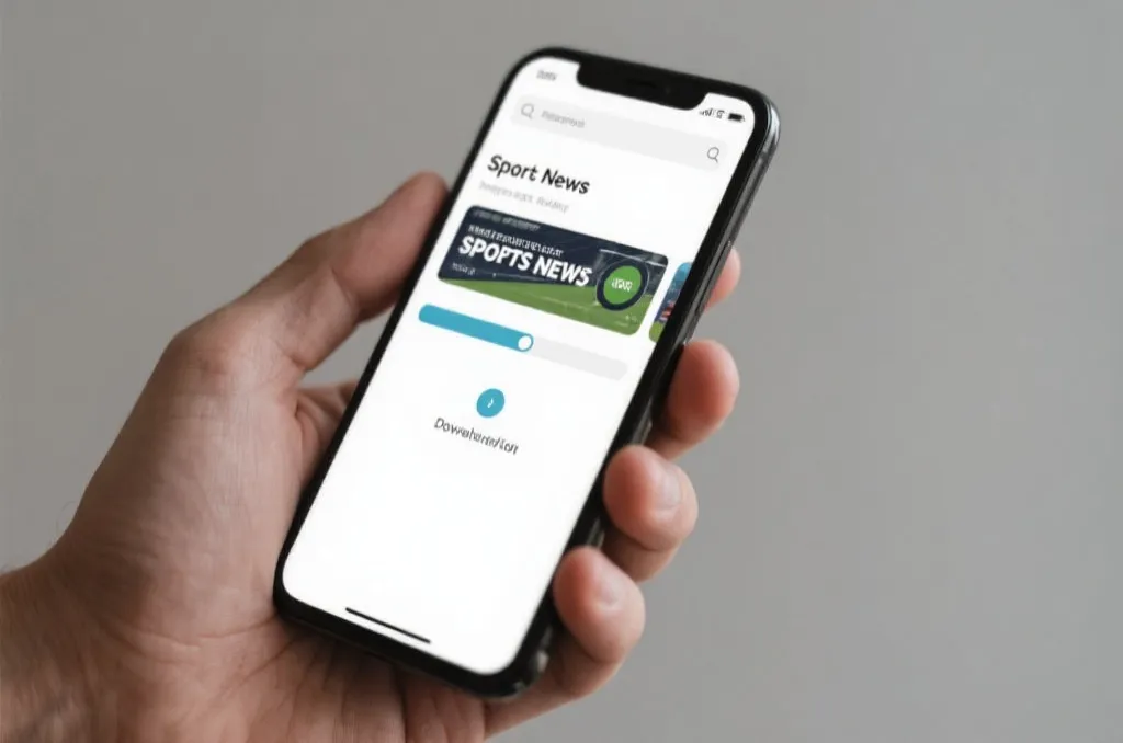 A hand holding a modern smartphone displaying a clean, unbranded sports news application interface with a download progress bar, neutral studio background, editorial style